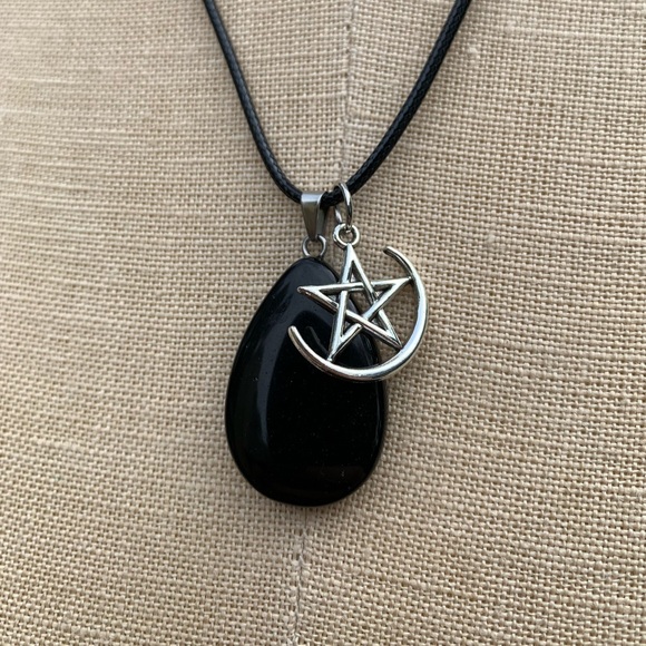 Handmade Obsidian Teardrop Stone Amulet with Pentagram Star and Moon Charm - Picture 3 of 7